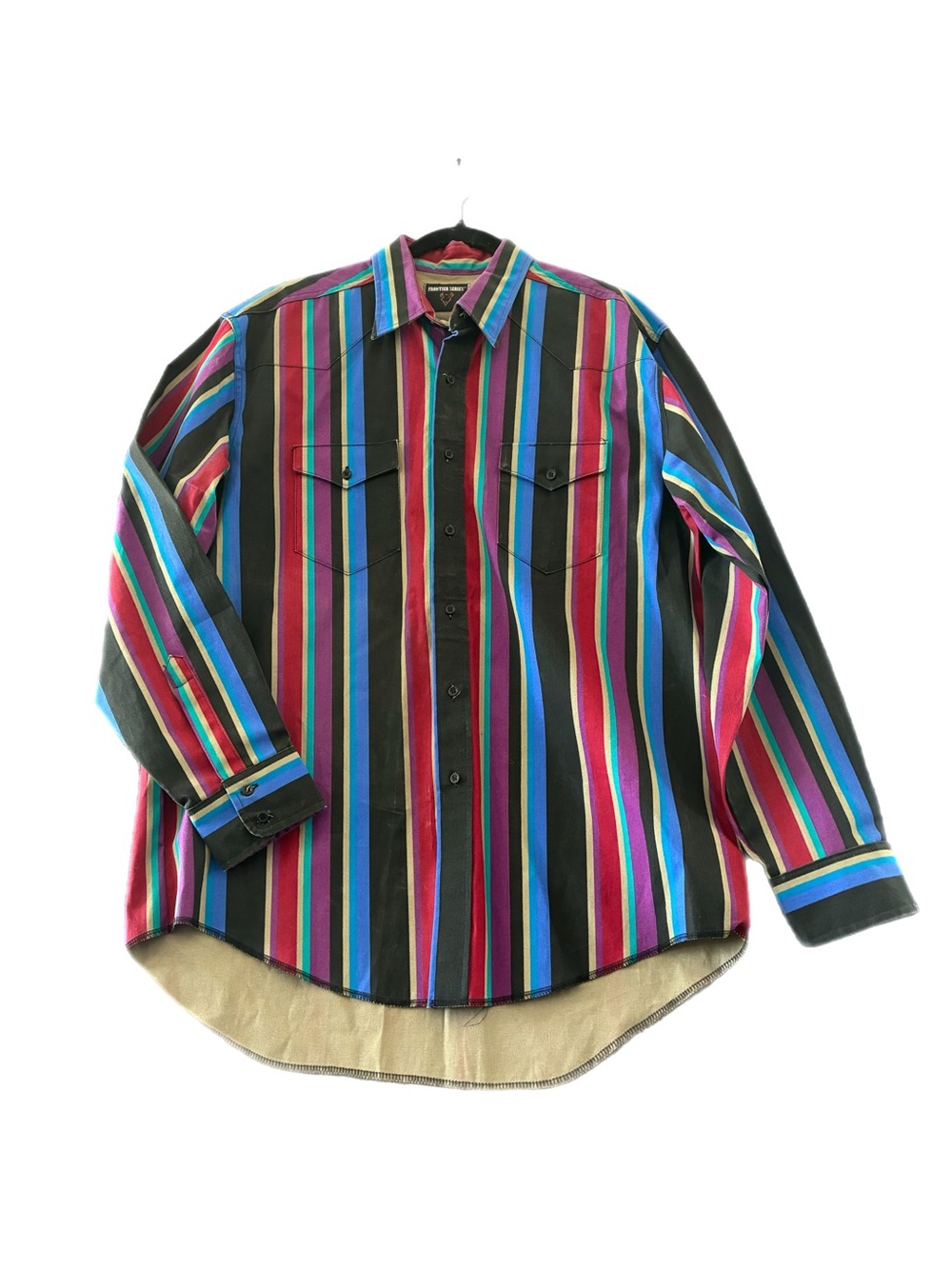 Vintage Wrangler Brushpopper Western Multicolor Stripes Button-Up Shirt Sz Large